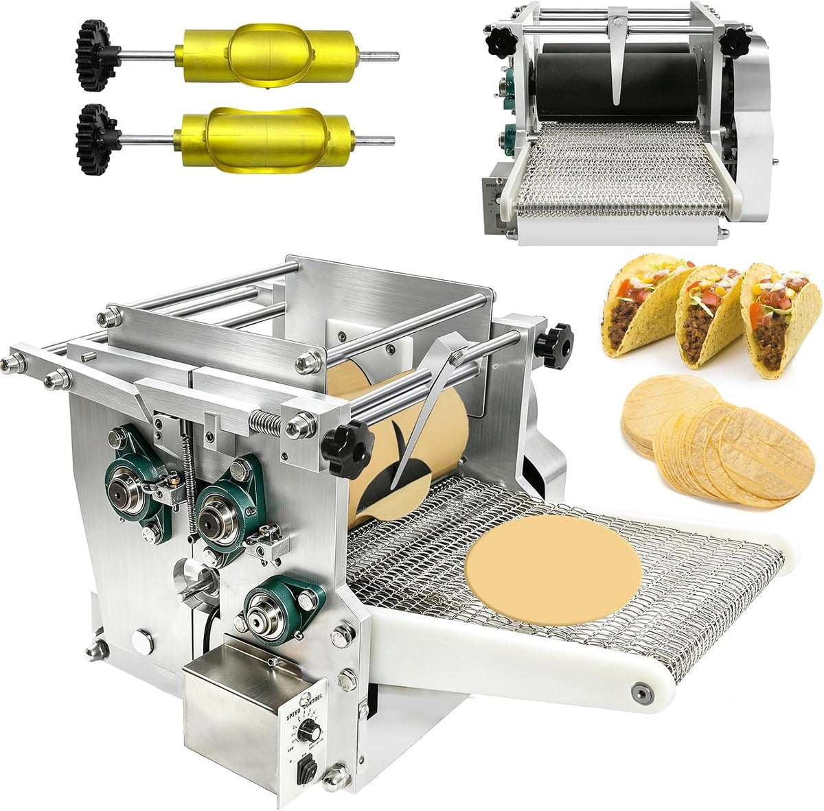 Electric Tortilla Maker with 2 Molds(4in/6in), Automatic Corn Tortilla Making Machine with Adjustable Customize Thickness (1.5-5mm), Non-Stick Coating, Chapatti Machine for Pita Tortilla Pizza (Gold)