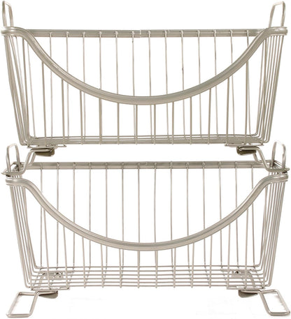 Spectrum Ashley Large Stackable Wire Baskets for Pantry & Kitchen Counter Organizer, Stacking Fruit Basket Wire Bin with Raised Feet & Handles for Vegetable Fruit Potato Onion Storage, Satin Nickel
