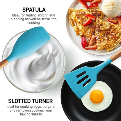 Zulay Kitchen Utensils Set Non-Stick Silicone Cooking Utensils Set with Authentic Acacia Wood Handles - 5 Piece Silicone Utensil Set - Kitchen Utensils Set with 464°F Heat Resistance - Gray