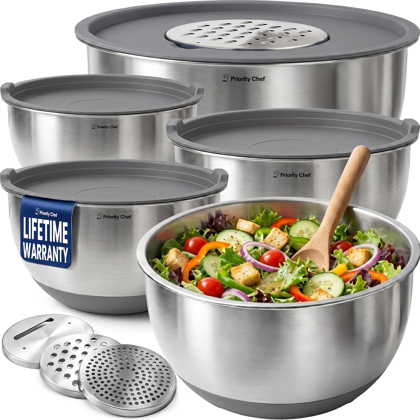 Priority Chef Stainless Steel Mixing Bowls with Lids Set, 3 Grater Attachments, Airtight Lids, Non-Slip Silicone Base Mixing Bowl Set, Large Prep Metal Mixing Bowls for Kitchen, Black