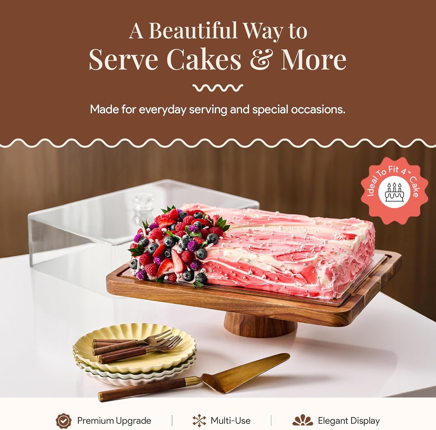 HOMESPHERE Acacia Wood Cake Stand with Lid - Rectangular Cake Holder, 2-in-1 Dessert Table Display Set & Charcuterie Board for Cheese, Chips, Fruit Platter, Large Acrylic Cake Dome Cover, No Glass