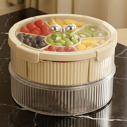 2-Tier Divided Serving Tray with Lid & Bow Knob – Large Stackable Snack Vegetable Trays Container for Fruit Veggie Candy Nuts & Cookies – Ideal for Party Buffet & Home (Clear Black)