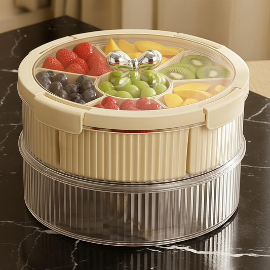 2-Tier Divided Serving Tray with Lid & Bow Knob – Large Stackable Snack Vegetable Trays Container for Fruit Veggie Candy Nuts & Cookies – Ideal for Party Buffet & Home (Clear Black)
