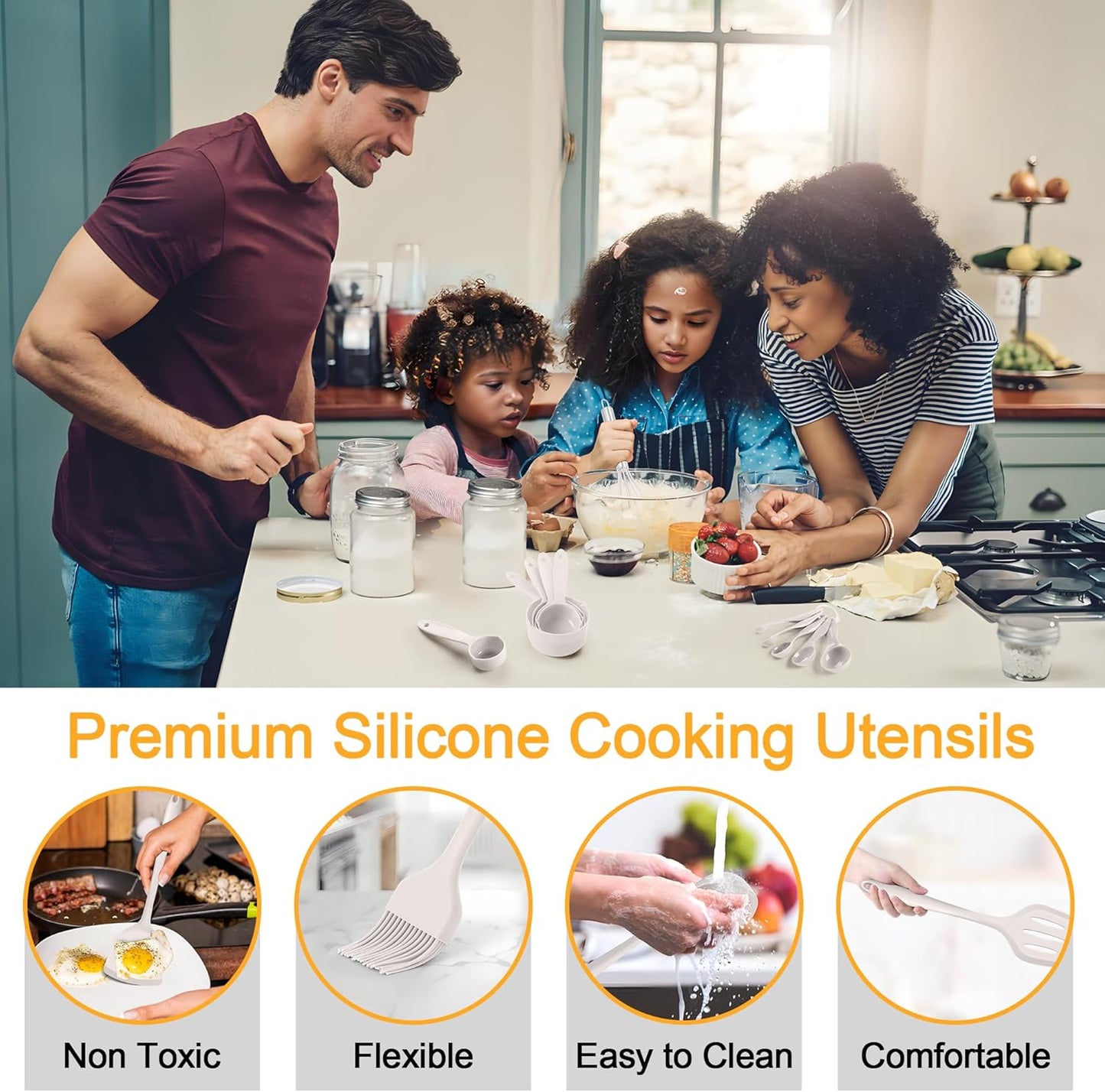 E-far Silicone Cooking Utensils Set, 25 Piece Kitchen Utensils with Holder, Non Toxic Kitchen Tools Spatula, Turner, Spoon, Ladle for Nonstick Cookware, Heat Resistant & Dishwasher Safe - Black