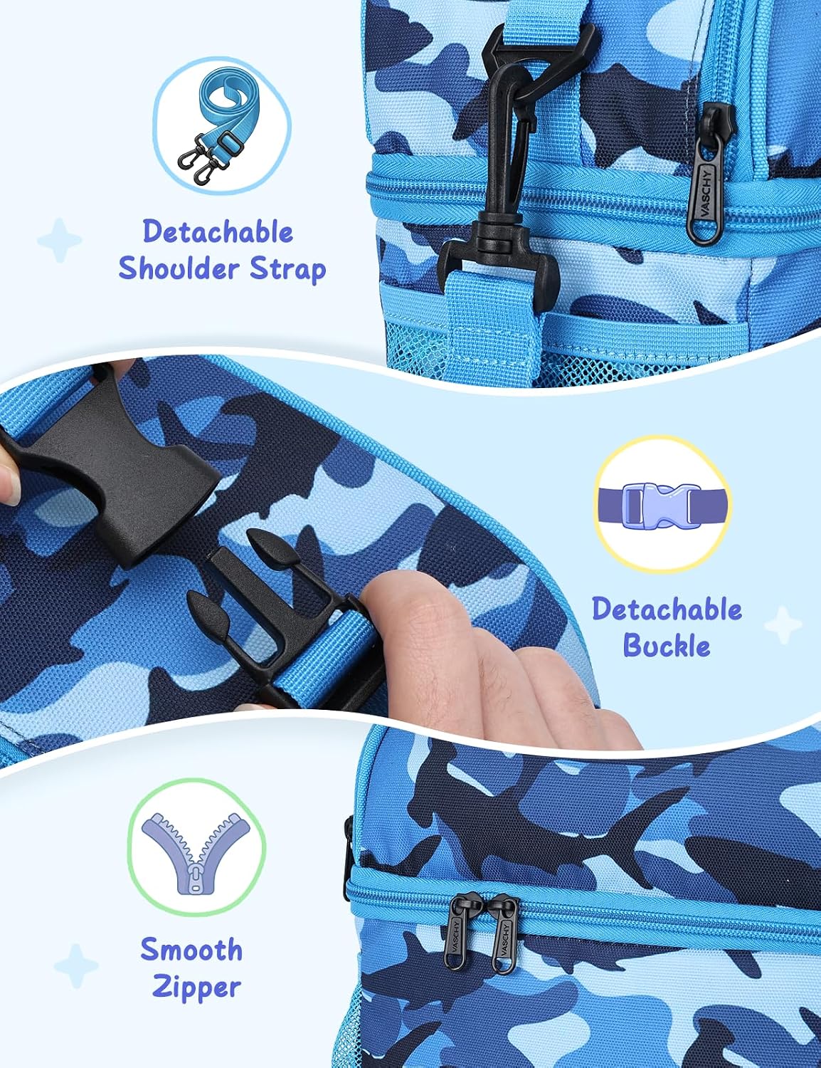 VASCHY Lunch Box Bag for Kids, Insulated Double Compartments Cooler Lunch Tote for Toddlers Boys Girls School/Daycare/Picnic Black Dinos