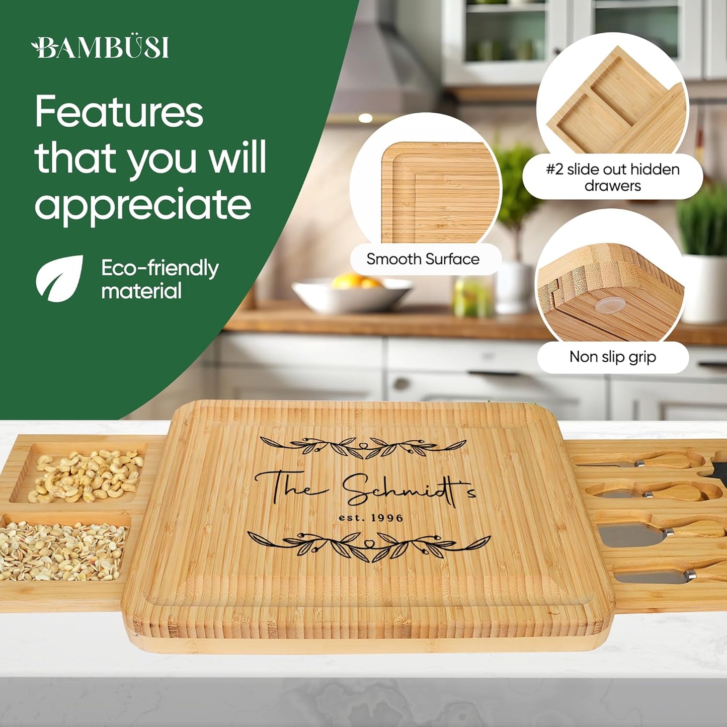 Personalized Charcuterie Board Gift Set - Custom Engraved Bamboo Cheese Board with Knife Set - Personalized Gifts for Wedding Anniversary Bridal Shower Engagement Birthday Housewarming Couples Women