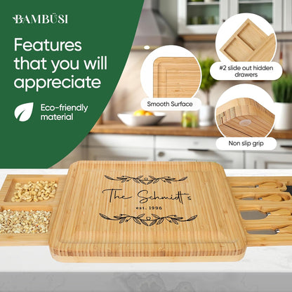 Personalized Charcuterie Board Gift Set - Custom Engraved Bamboo Cheese Board with Knife Set - Personalized Gifts for Wedding Anniversary Bridal Shower Engagement Birthday Housewarming Couples Women
