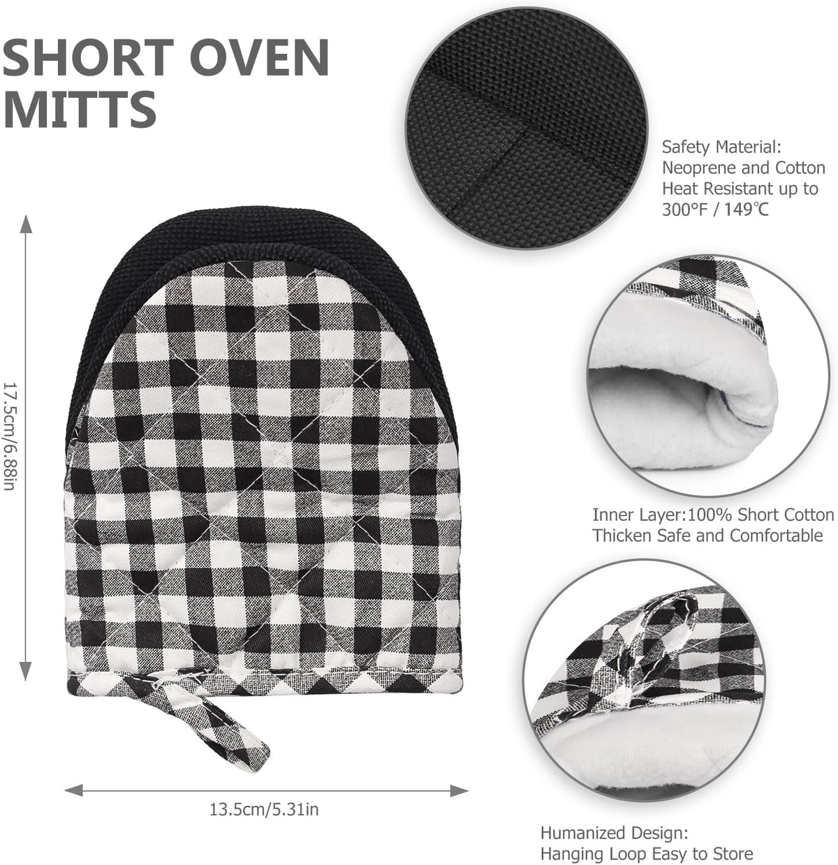 1 Pair Short Oven Mitts - Silicone Kitchen Oven Gloves High Heat Resistant 500℉, Mini Oven Mits with Non-Slip Grip Surfaces and Hanging Loop for BBQ, Baking, Cooking and Grilling (Black)