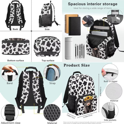 Highland Cow Backpack with Lunch Box Set for Kids Sunflower School Backpack for Girls Boys Back to School Bag Student Travel Backpacks Reusable Utensils Pen Case Water Bottle Bag 5PCS
