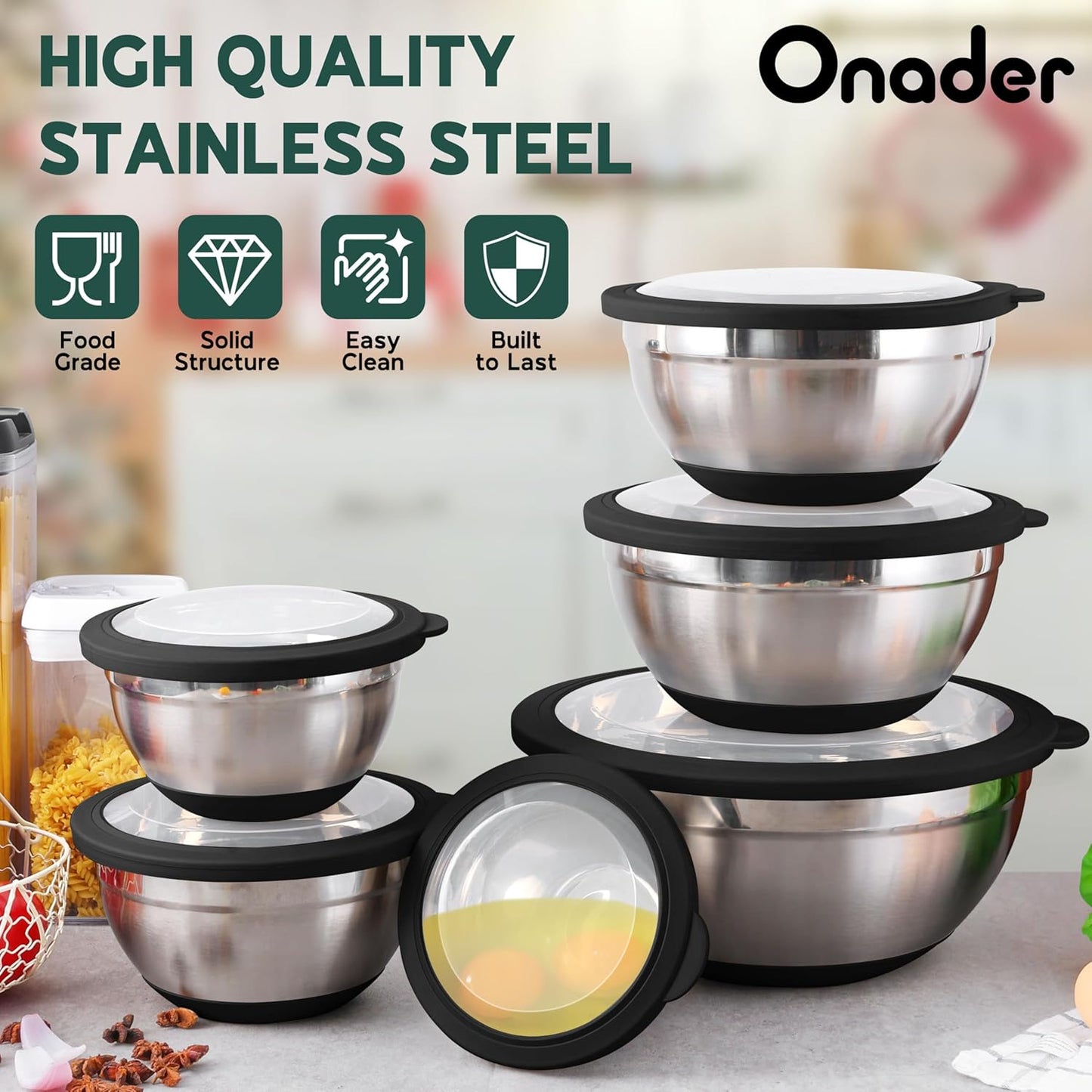 Onader Colorful Mixing Bowl Set of 6 for Kitchen, Large Stainless Steel Metal Nesting Mixing Bowls with Airtight Lids, Non Slip - Size 0.7, 1, 1.5, 2, 2.6, 4.6QT
