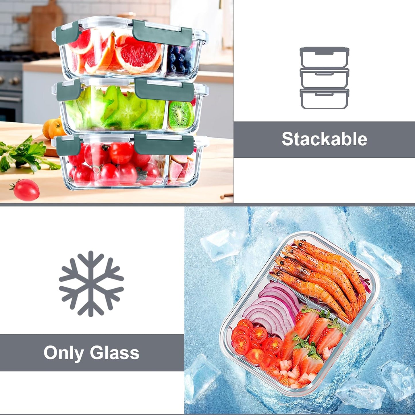 VERONES 5 Pack Glass Meal Prep Containers 2 Compartment Set, 36OZ Airtight Lunch Containers, Glass Food Storage Containers with Lids, for Microwave, Oven, Freezer & Dishwasher Friendly,White