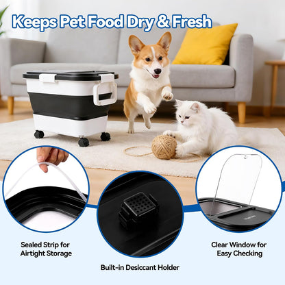 Dog Food Storage Container 20-25lbs, Airtight Pet Food Bin with Locking Lid & Clear Window, Collapsible Rolling Storage Container with Wheels and Scoop, Black