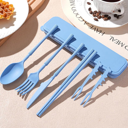 Reusable Travel Utensils Set with Case, Wheat Straw Portable Plastic Fork Spoon Knife Chopsticks Camping Cutlery, Eco-Friendly BPA Free Tableware Picnic Flatware for Kids Adults or Daily Use (Pink)