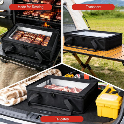 BANGIE BBQ Meat Resting Blanket & 9x13 Foil Pan Carrier - Leakproof Insulated Casserole Transport Bag with Visual Window, Rigid Hard Bottom - Birthday Father's Day Grilling Gifts for Men, Dad,Green