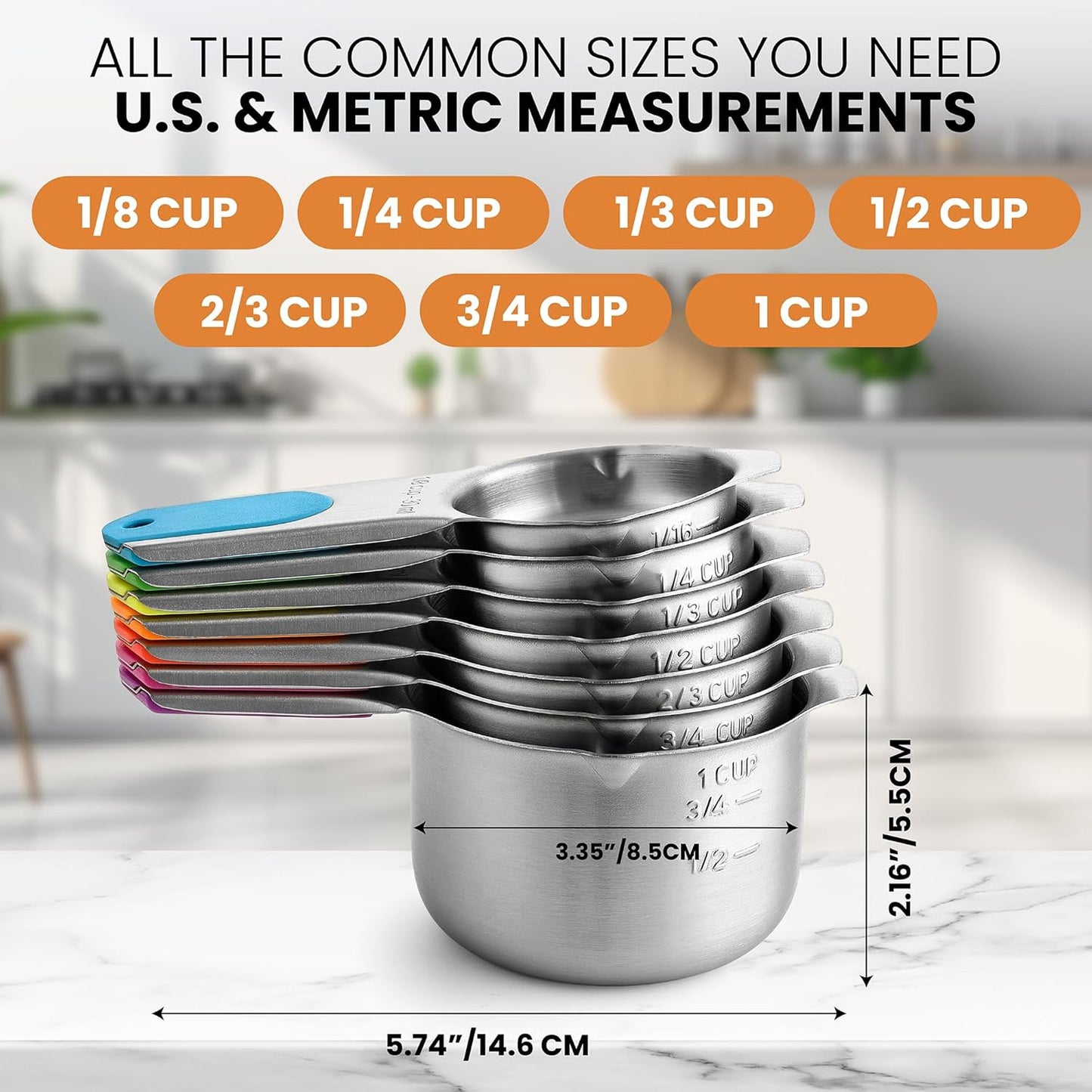 Spring Chef Stainless Steel Measuring Cups Set of 7 with Pour Spout - Nesting Kitchen Tools with Easy Read Markings to Measure Dry or Liquid Ingredients - Metal Measuring Cups for Baking & Cooking