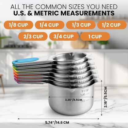 Spring Chef Stainless Steel Measuring Cups Set of 7 with Pour Spout - Nesting Kitchen Tools with Easy Read Markings to Measure Dry or Liquid Ingredients - Metal Measuring Cups for Baking & Cooking