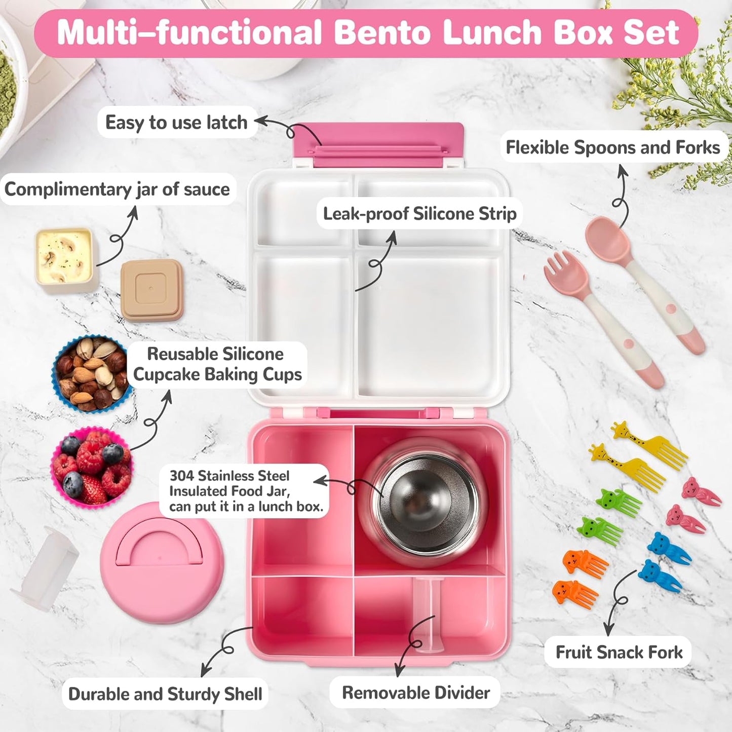 Bento Lunch Box with 9.5 oz Soup Thermo, Kids Leakproof 4 Compartments Bento Box with Silicone Cupcake,Fruit Fork,Spoon and Sauce Cup,Insulated Food Jar for School Travel-Black