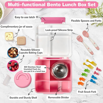 Bento Lunch Box with 9.5 oz Soup Thermo, Kids Leakproof 4 Compartments Bento Box with Silicone Cupcake,Fruit Fork,Spoon and Sauce Cup,Insulated Food Jar for School Travel-Black