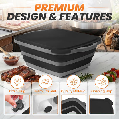 4 in 1 Large Collapsible BBQ Prep Tub with Lid - 16L Foldable Camping Sink with Colander & Cutting Board, Multipurpose Dish Basin for Kitchen, Meat Prep, Vegetables, Fruit, Picnic & Outdoor Cooking