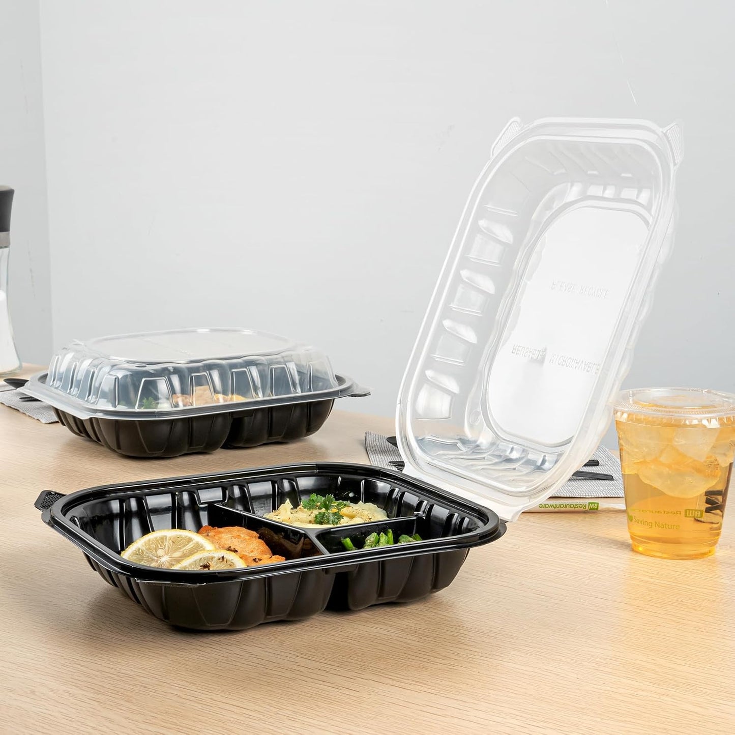 Thermo Tek 40 Ounce Clamshell Containers, 50 Disposable Take Out Boxes - 3 Compartments, Ventilated Lids, Black Plastic Meal Prep Containers, Microwavable, For Pasta Or Salads - Restaurantware