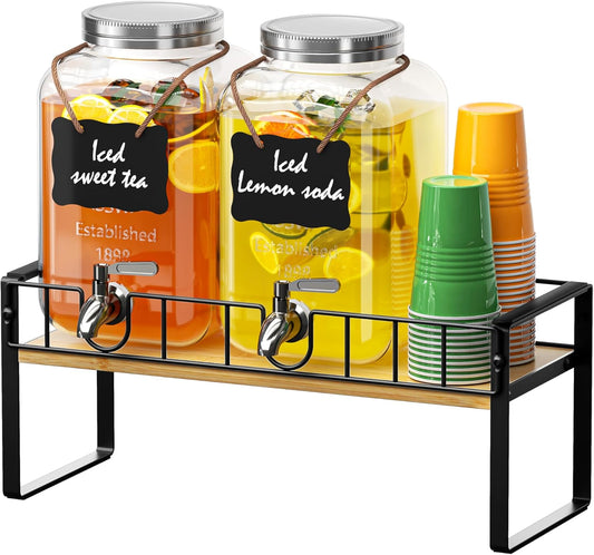 2-pack 1 Gallon Drink Dispenser,Glass Beverage Dispenser with Spigot,Lemonade dispenser Bamboo Stand for Outside, Glass Drink Dispensers for Parties with Ice Core