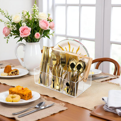 Acrylic Utensil Caddy with Bamboo Handle, Clear Silverware Organizer with Labeled Compartments & Plate Holder, Portable Cutlery Holder for Kitchen Counter, Buffet, Picnic, Party