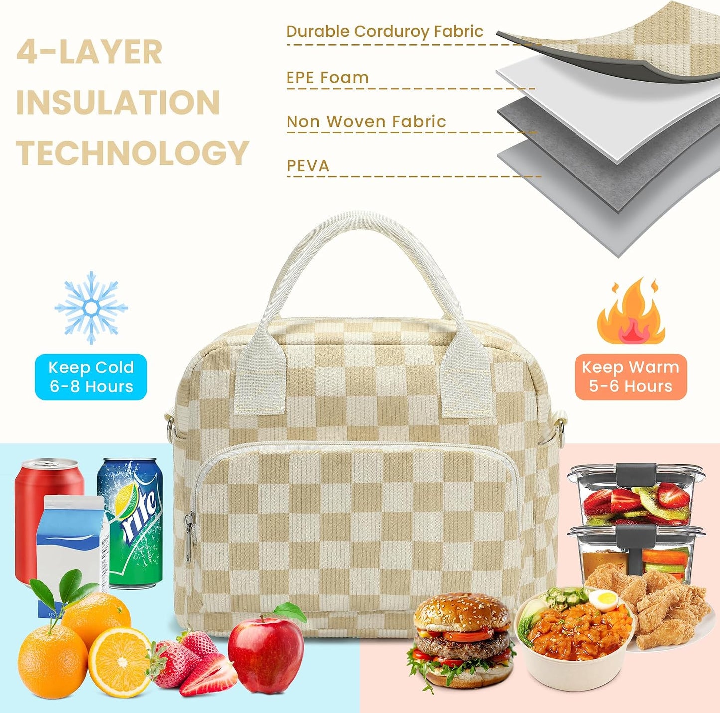 RLGPBON Insulated Lunch Bag Teen Girls, Preppy Lunch Box Large Insulated Lunch Bag Reusable Lunch Tote Bag, Preppy LunchBag for Girls School Travel Picnic