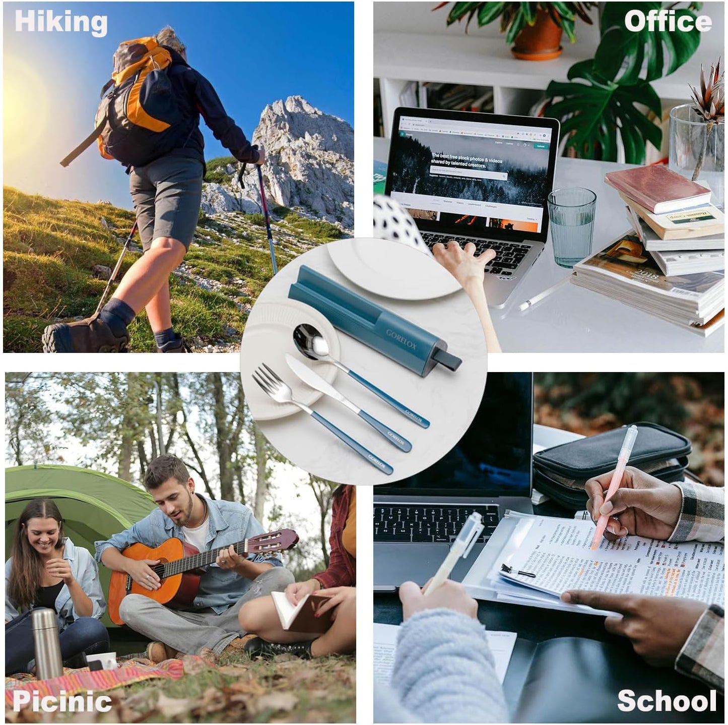 Travel Utensils Set, 4pcs Stainless Steel Reusable Cutlery, Portable Silverware Lunch Box for Camping and Office, Include Fork Spoon Knife with Case