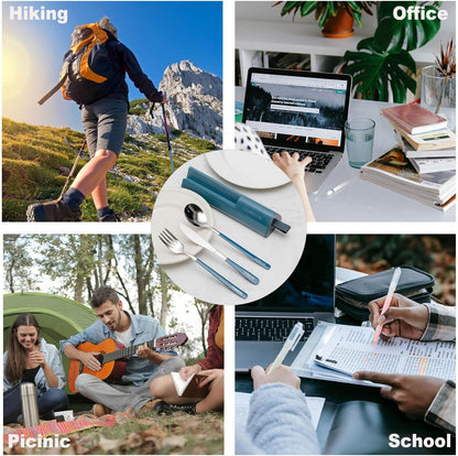 Travel Utensils Set, 4pcs Stainless Steel Reusable Cutlery, Portable Silverware Lunch Box for Camping and Office, Include Fork Spoon Knife with Case