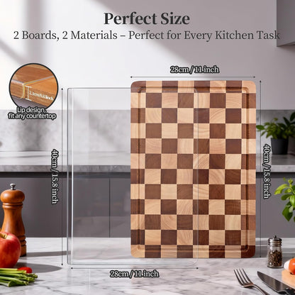 WILLKOMMEN Checkered Cutting Board Set, 3-Piece Wood Checkerboard End Grain Chopping Boards with Holder & Juice Groove Wooden Kitchen Cutting Board for Cooking and Serving (S, M, L)
