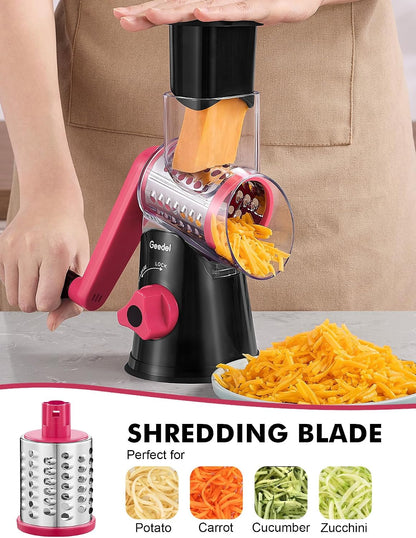 Geedel Rotary Cheese Grater, Kitchen Mandoline Vegetable Slicer with 3 Interchangeable Blades, Easy to Clean Rotary Grater Slicer for Cheese, Vegetables, Nuts