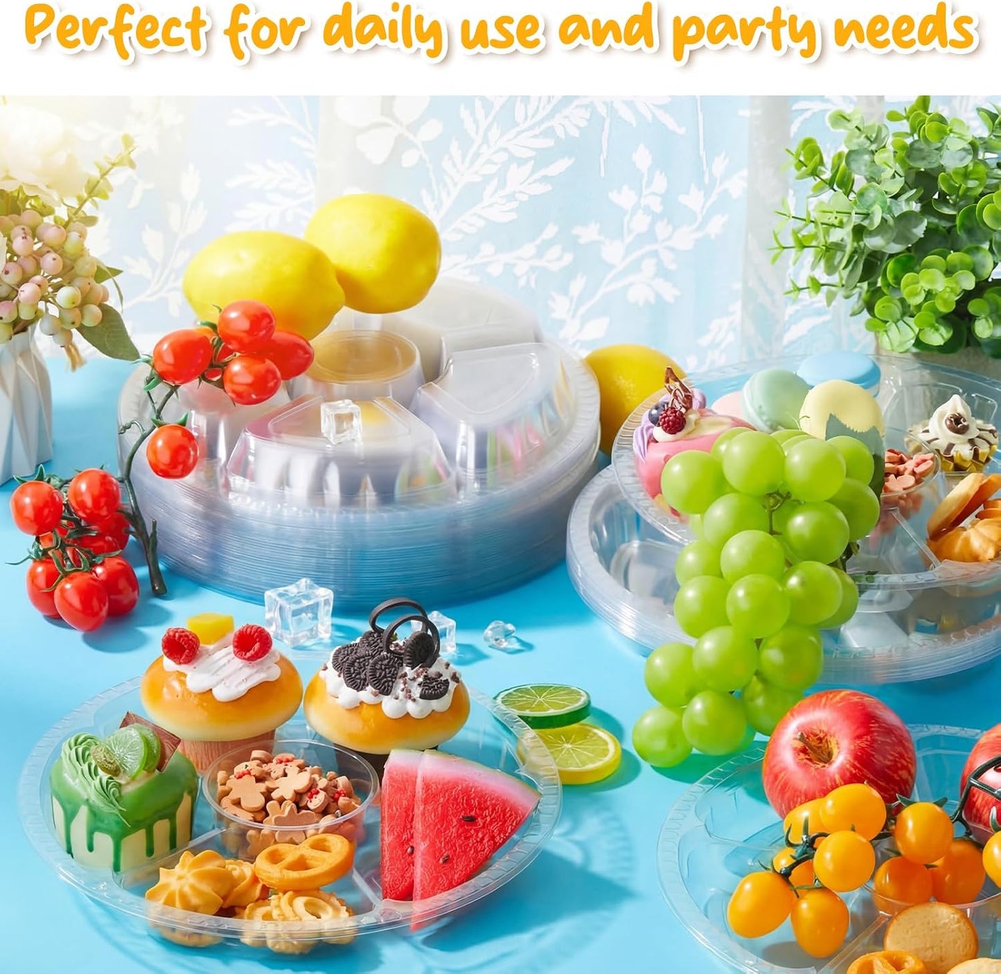Rtteri 50 Pcs Round Plastic Fruit Trays for Serving Clear Veggie Tray 6 Divided Compartment Container Dip Platter Reusable Catering Platters for Vegetable Fruit Snack Nut Party and Buffet(10.4 Inch)