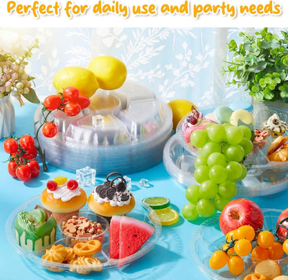 Rtteri 50 Pcs Round Plastic Fruit Trays for Serving Clear Veggie Tray 6 Divided Compartment Container Dip Platter Reusable Catering Platters for Vegetable Fruit Snack Nut Party and Buffet(10.4 Inch)