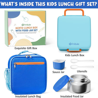Fimibuke Kids Bento Lunch Box with Thermo, Leakproof Toddler Bento Box with 8.5OZ Insulated Food Jar, Lunch Bag & Utensils BPA Free Dishwasher Safe 3 or 4 Compartment Container for School Girls Boys
