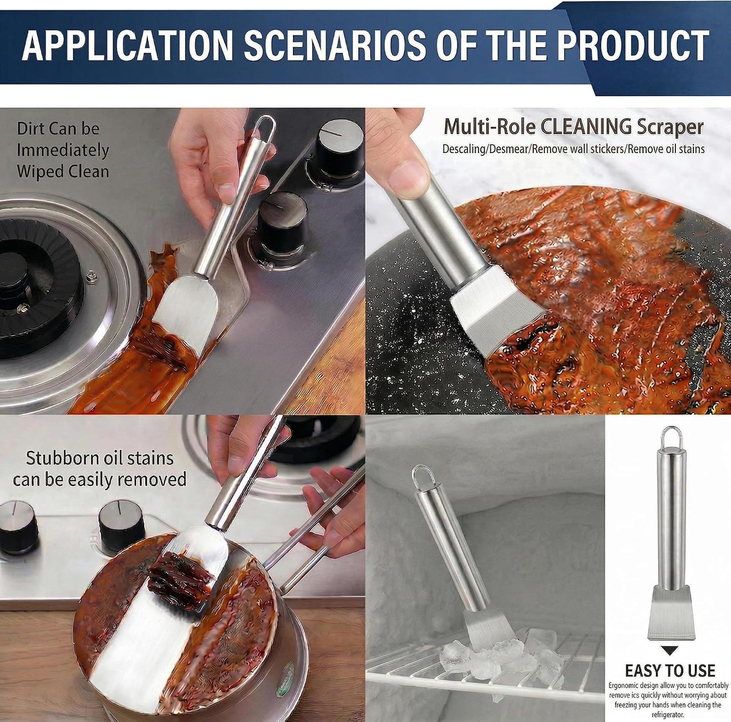 2 PCS Stainless Steel Scrapers, Cleaning Scraper Tool, Paint Scrapers, Multifunctional Metal Scraper Tools for Cookware, Stovetop, Adhesive, Oven Racks, Grout, Grill, Glass, Kitchen & Home