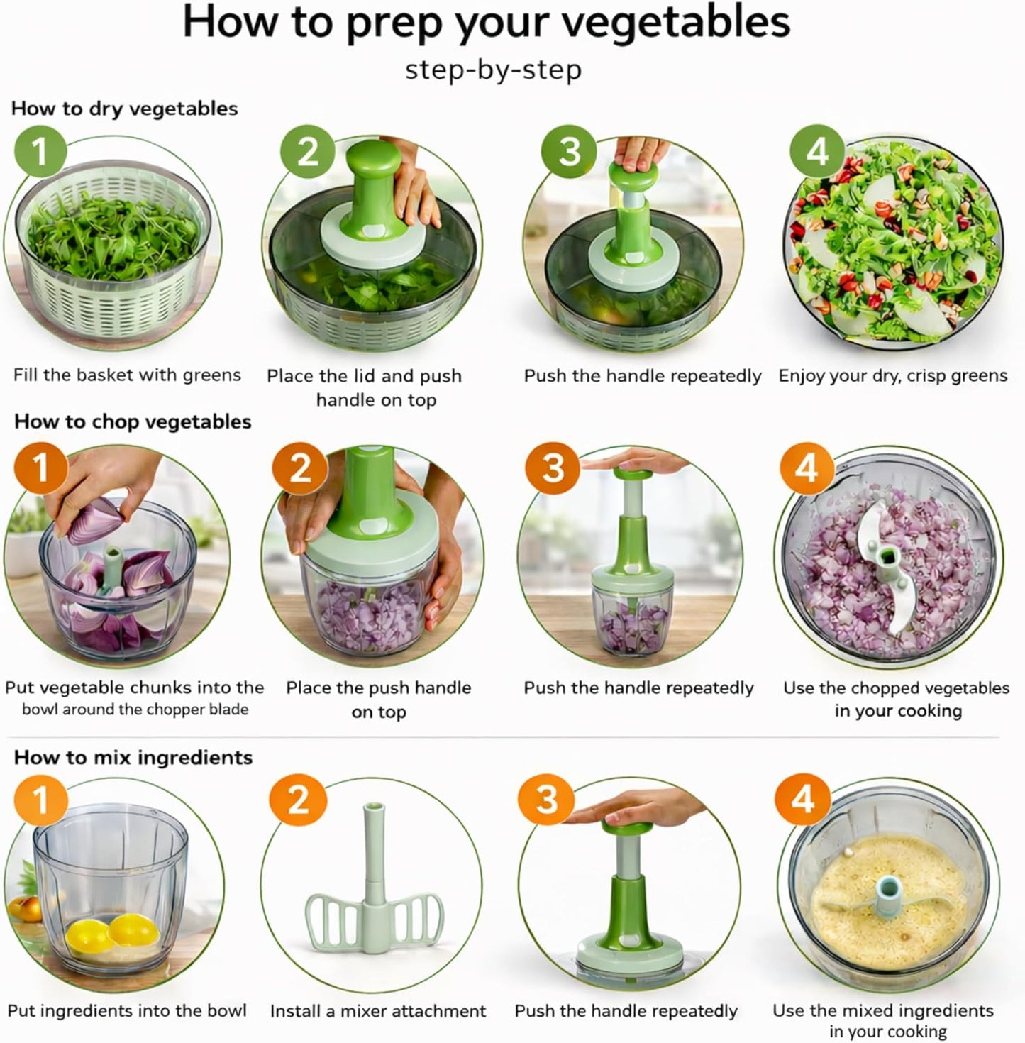 Brieftons Salad Spinner and Chopper Combo: Large 6.34-Quart Lettuce Greens Vegetable Washer Dryer with Bonus 0.95-Quart Push Veggie Chopper Mixer, Storage Lids, Collapsible, No Electricity, Easy Prep