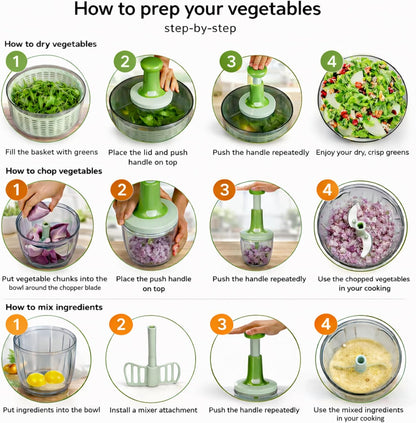 Brieftons Salad Spinner and Chopper Combo: Large 6.34-Quart Lettuce Greens Vegetable Washer Dryer with Bonus 0.95-Quart Push Veggie Chopper Mixer, Storage Lids, Collapsible, No Electricity, Easy Prep