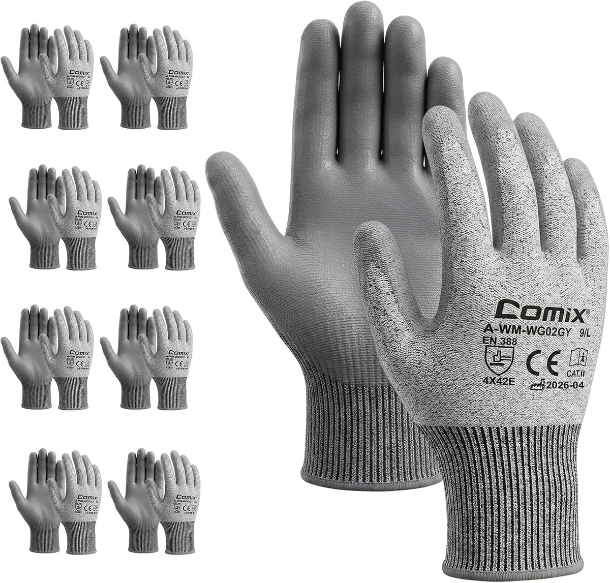 Comix A7 Cut Resistant Work Gloves, 8 Pairs Bulk Pack, PU Coated Grip
