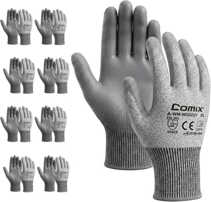 Comix A7 Cut Resistant Work Gloves, 8 Pairs Bulk Pack, PU Coated Grip