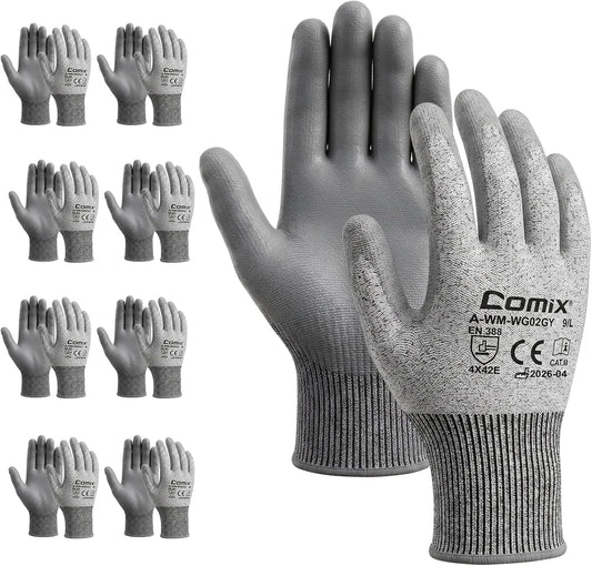 Comix A7 Cut Resistant Work Gloves, 8 Pairs Bulk Pack, PU Coated Grip