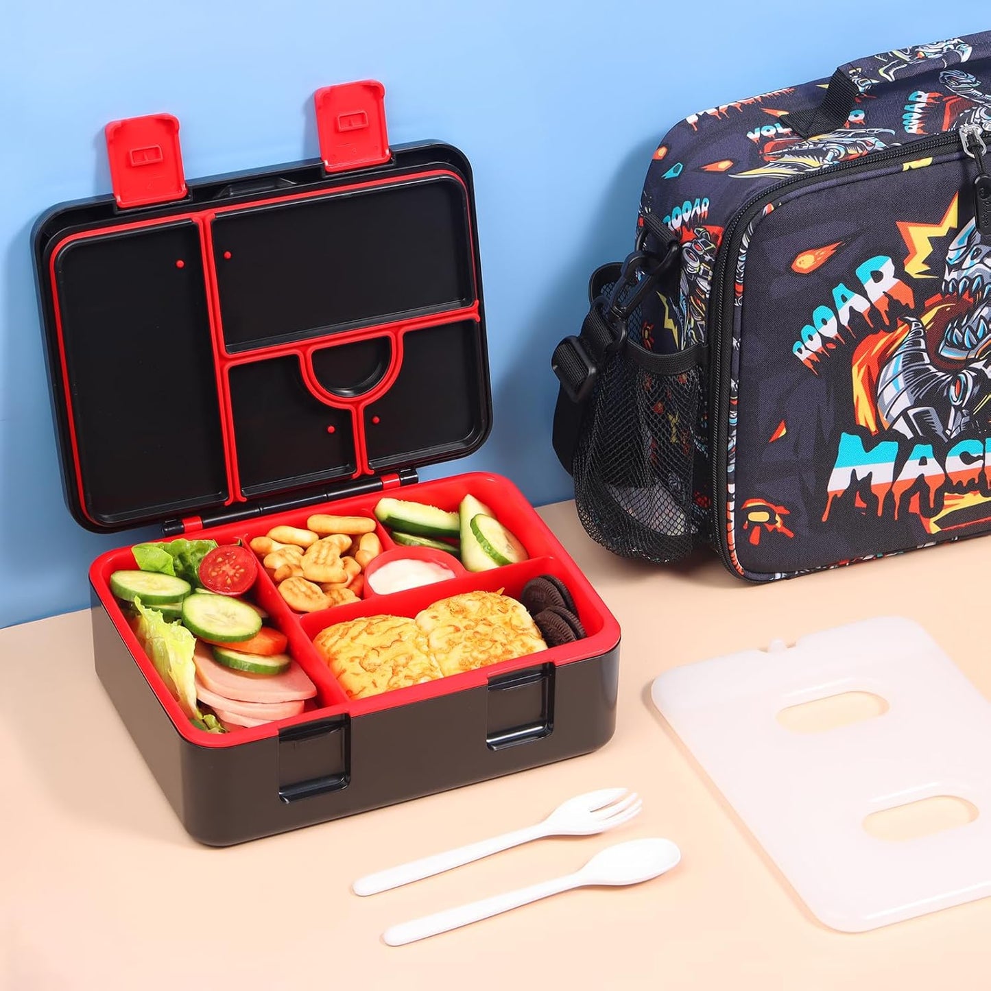 rockpapa Chill Bento Box for Kids- Large 5.5 Cups Lunch Box with Ice Pack - 5 Compartments, BPA-Free, Leak Proof, with Utensils & Portable Handle, Microwave/Dishwasher Safe (Purple Butterfly)