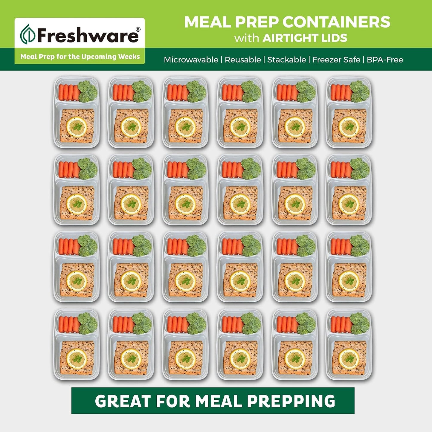Freshware Meal Prep Containers [25 Pack] 2 Compartment with Lids, Food Storage Containers, Bento Box, BPA Free, Stackable, Microwave/Dishwasher/Freezer Safe (28 oz), Grey