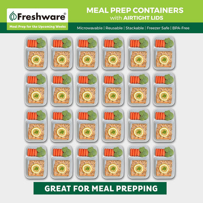 Freshware Meal Prep Containers [25 Pack] 2 Compartment with Lids, Food Storage Containers, Bento Box, BPA Free, Stackable, Microwave/Dishwasher/Freezer Safe (28 oz) Grey