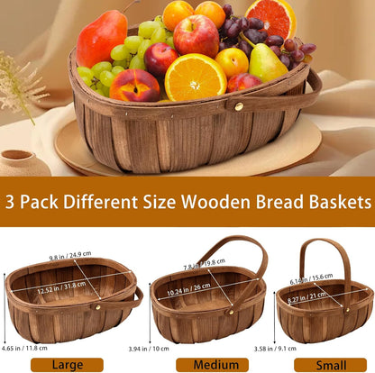 3 Pack Wooden Bread Baskets, Handmade Woven Wood Chip Picnic Basket with Handles, Storage Organizer for Vegetable Fruit Wedding - 3 Size