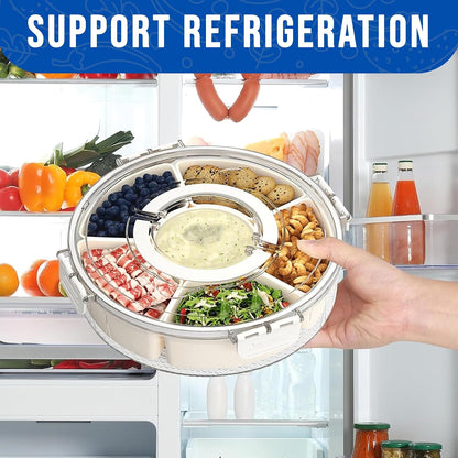 Rotating Snack Box Container for Parties, Veggie Tray with Lid, Divided Serving Tray for Fruit, Large Rotating Tray with Lid for Kids and Fridge Storage (10" Rotating snackle Box)