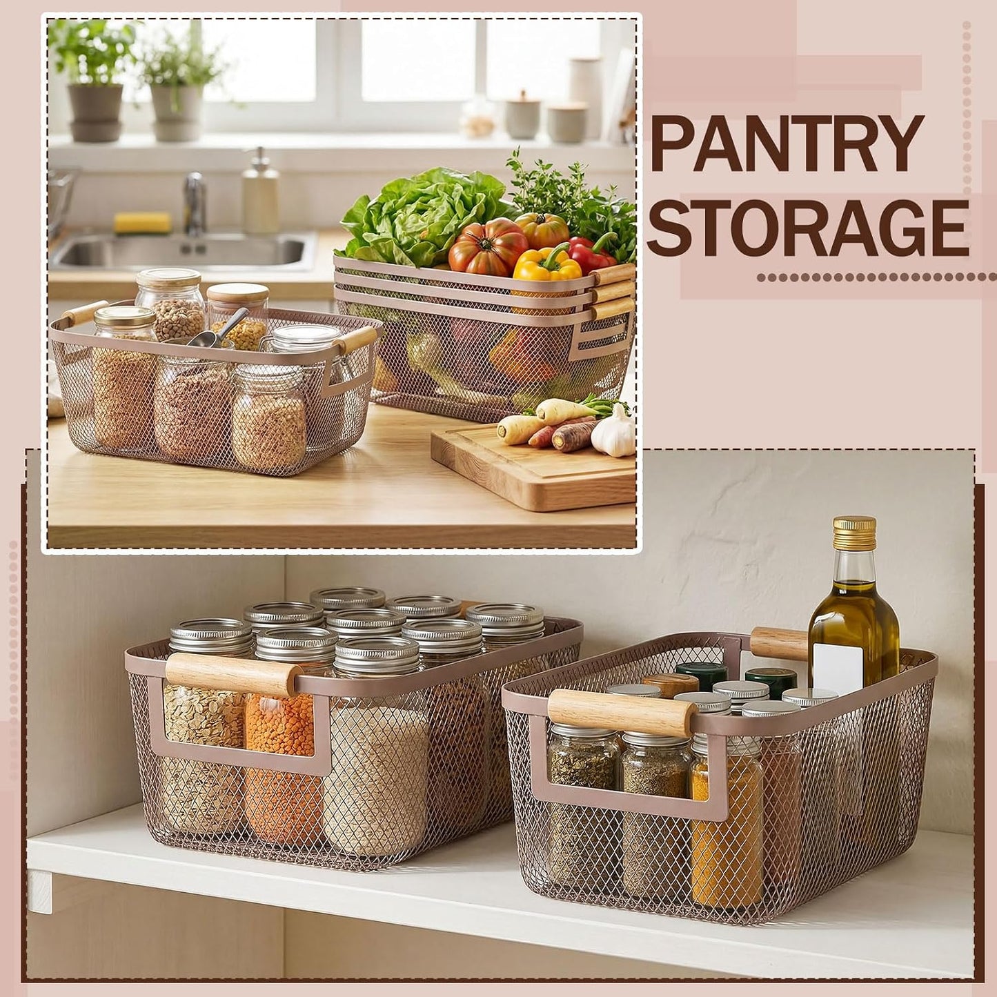 Mumufy 4 Pcs Metal Wire Basket with Wooden Handles Mesh Steel Organizer Bins for Pantry Closet Kitchen Cabinet Home Fridge Fruit Makeup Snacks Organization (Warm Tapue,Large)