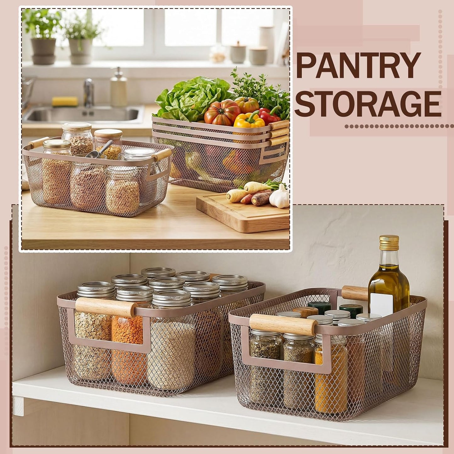 Mumufy 3 Pcs Metal Mesh Basket with Wooden Handles Wire Steel Organizer Bins Pantry Organizers Kitchen Baskets for Closet Cabinet Bathroom Fridge Food Snacks Organization (Warm Tapue,3 Sizes)