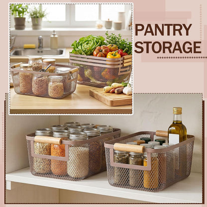 Mumufy 3 Pcs Metal Mesh Basket with Wooden Handles Wire Steel Organizer Bins Pantry Organizers Kitchen Baskets for Closet Cabinet Bathroom Fridge Food Snacks Organization (Warm Tapue,3 Sizes)