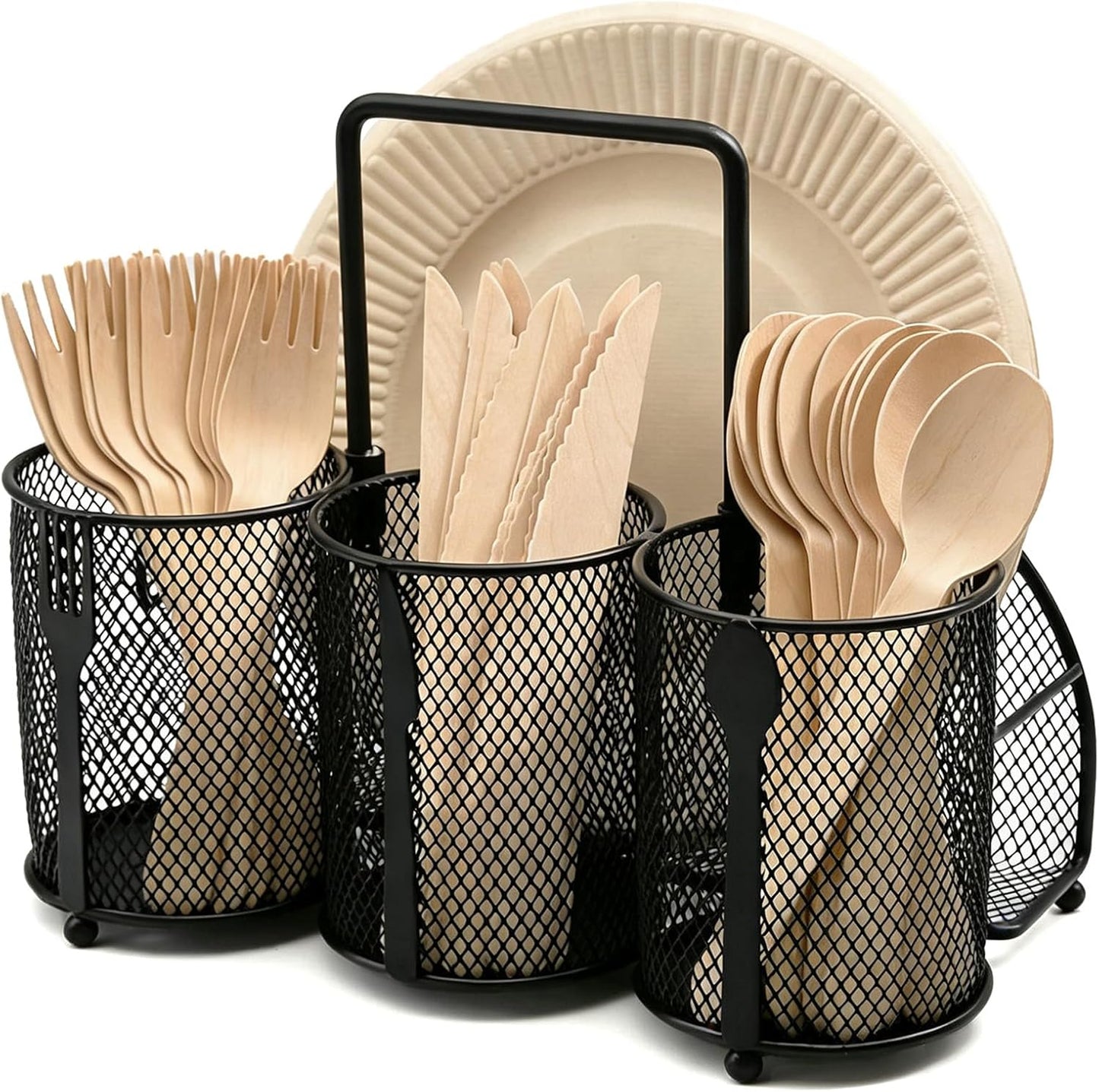Silverware Organizer Utensil Caddy - 4 Compartment Metal Cutlery Holder Flatware Storage Basket Fork Spoon Napkin Paper Plate Kitchen Countertop Party Picnic Camping Buffet Outdoor (Gold)