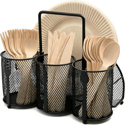 Silverware Organizer Utensil Caddy - 4 Compartment Metal Cutlery Holder Flatware Storage Basket Fork Spoon Napkin Paper Plate Kitchen Countertop Party Picnic Camping Buffet Outdoor (Gold)